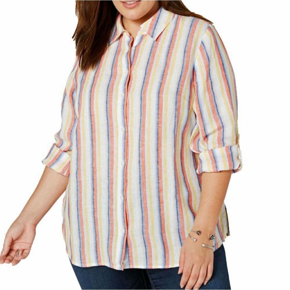 Charter Club 100% Linen Striped Roll-Tab Shirt Plus Size 3X Multi-Color NWT